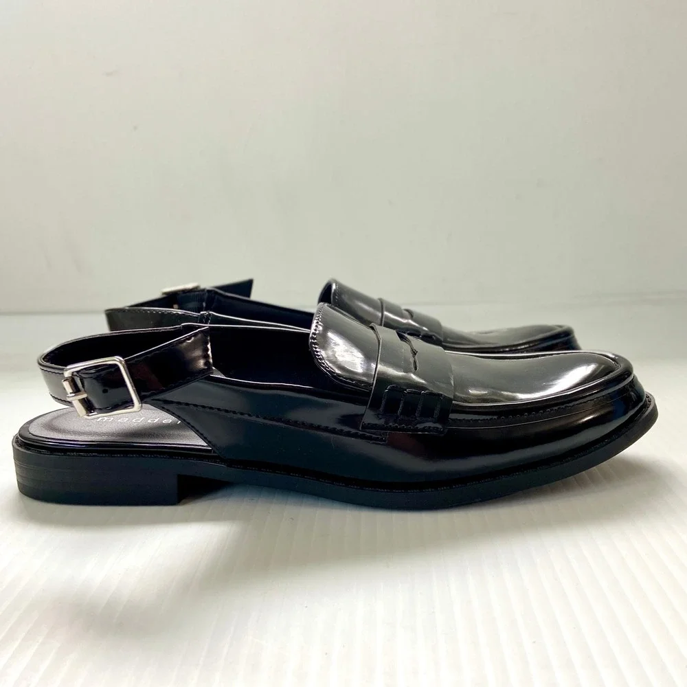 Madden Girl Black Faux Patent Leather Slingback Penny Loafers Womens 8 - Picture 2 of 8
